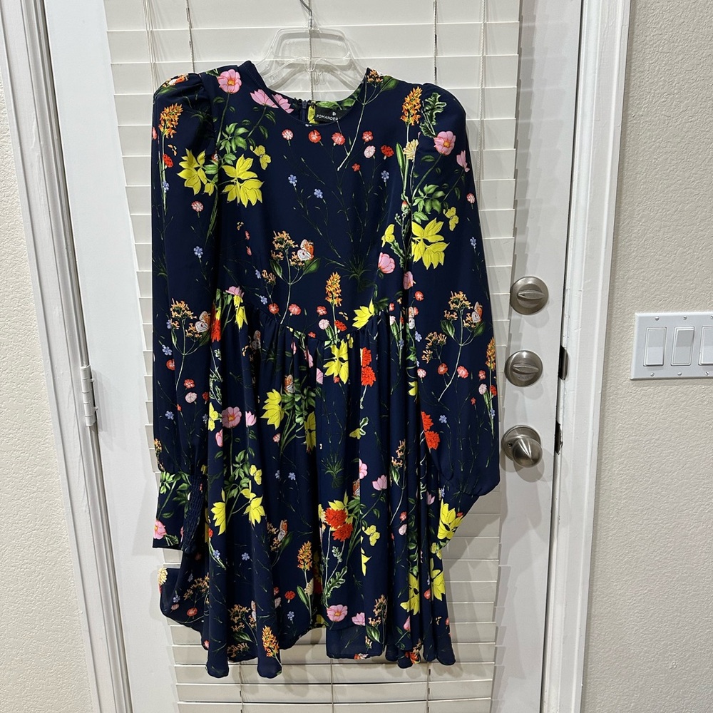 Pomander Place Tuckernuck Spencer Puff Sleeve Dress Navy Floral Butterfly Sz L